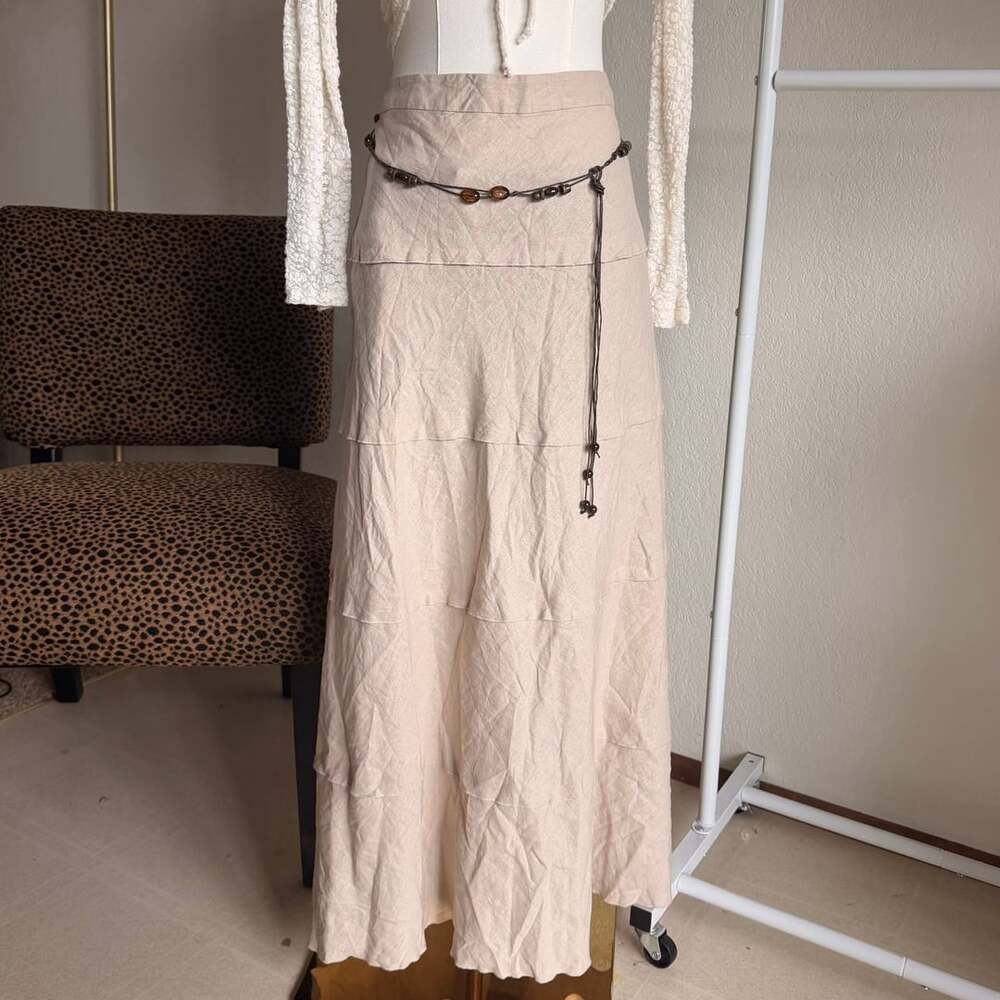 Dressbarn Linen Blend Tiered Midi Skirt With Beaded Belt Beige 14